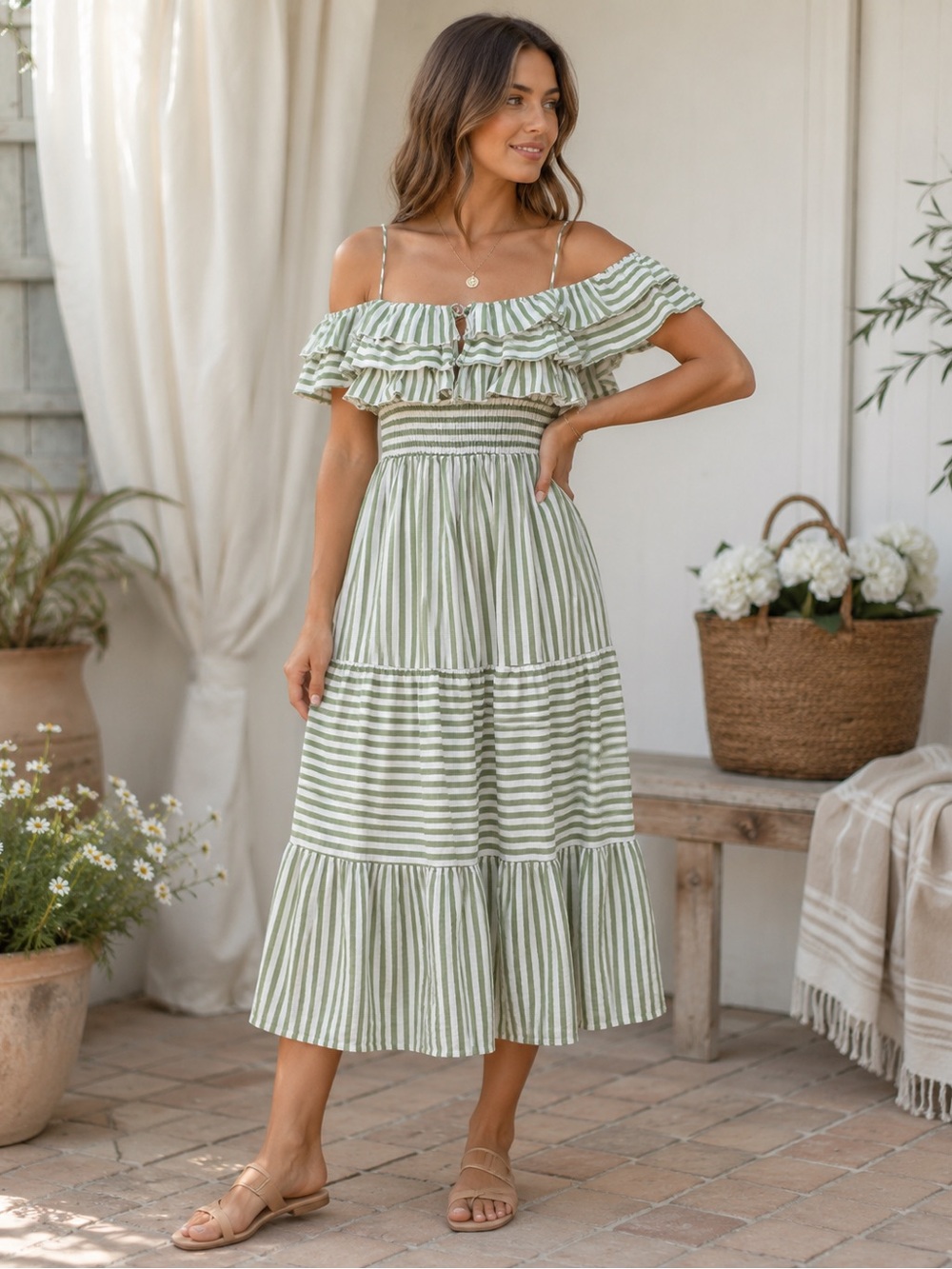 Zara Green and White Striped Off-Shoulder Ruffled Midi Dress